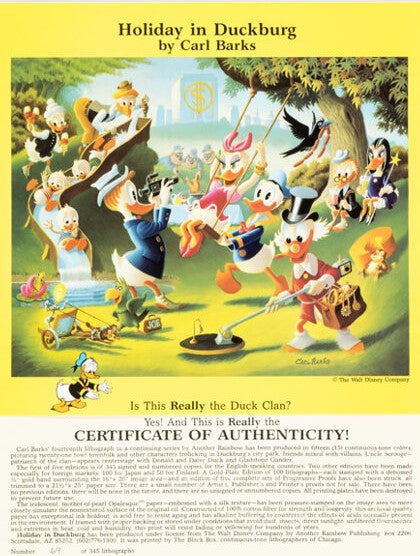 Holiday in Duckburg - signeret og limiteret litografi fra Another Rainbow  - Carl Barks