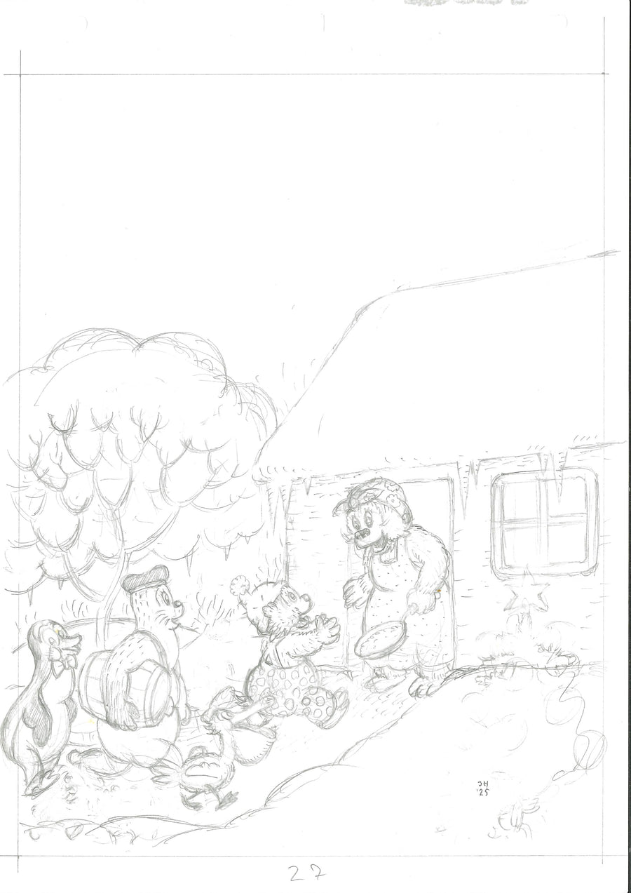 Rasmus Klump  og Juletræet - original blyantskitse  - side 27 - Jeppe Højholt og Per Sanderhage