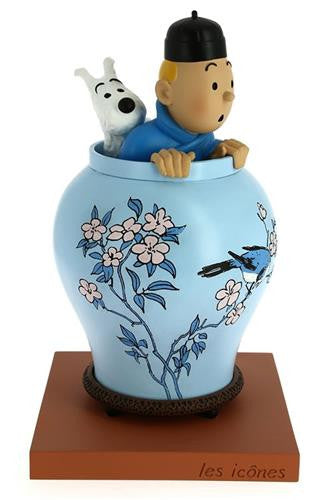 Tintin kigger op af vase - Den Blå Lotus - Resin Statue - 20 cm